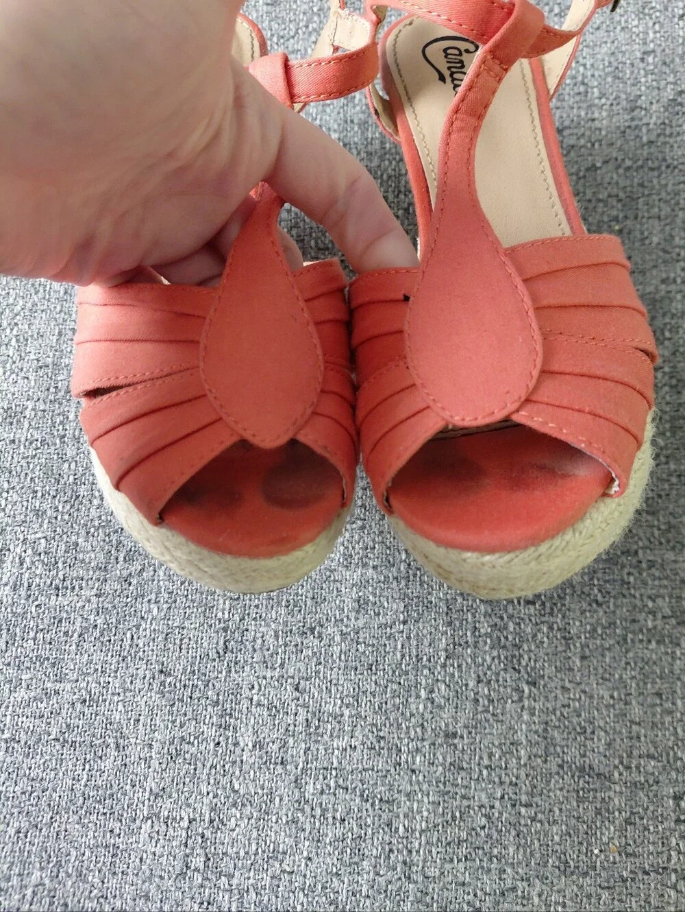 Candie's 2012 Coral Orange T-Strap Open Toe Espadrille Ankle Strap Wedges Size 6